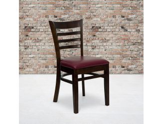 Ladder Back Walnut Wood Restaurant Chair - Burgundy Vinyl Seat