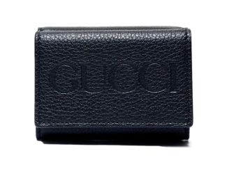 Gucci Embossed Logo Mini Tri-Fold Wallet Black Yellow Pebbled Leather