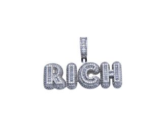 PARIKHS Men's Rhodium Plated CZ RICH Hip Hop Pendant with chain in 925 Sterling Silver