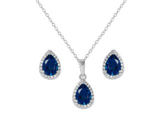 PARIKHS Rhodium Plated Pear Shapped Sapphire September Birthstone Set in 925 Sterling Silver