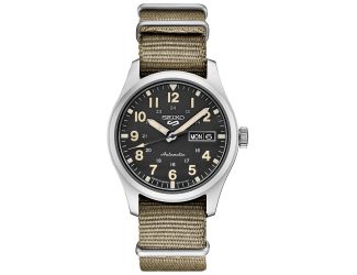 Mens Seiko 5 Sport Automatic Beige Nylon Strap Watch Black Dial