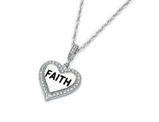 PARIKHS Rhodium Plated Clear CZ Faith Heart Pendant Necklace in 925 Sterling Silver