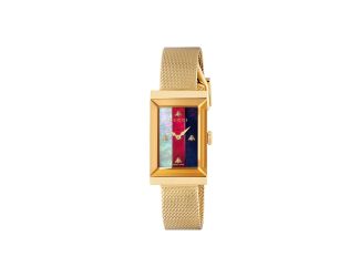 G-Frame Ladies Red/Blue Dial Yellow Gold Mesh Bracelet Watch