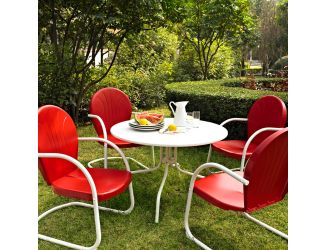 Five Pc Outdoor Dining Set - 40" Table in White w/Red Chairs