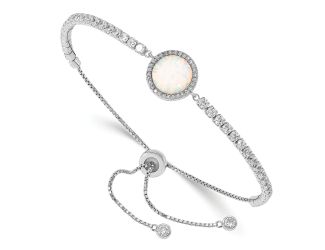 Sterling Silver RH-plated Created Opal and CZ Adjustable Bracelet