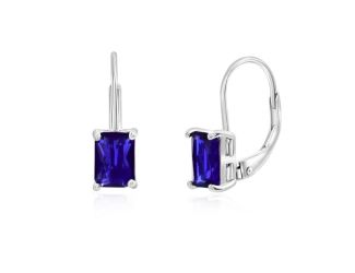 925 Sterling Silver Emerald Cut Created Blue Sapphire Earrings