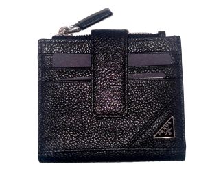 Prada Black Vitello Grain Leather Card Case Bifold Wallet with Zipper Coin Pouch