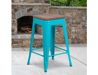 24" High Backless Crystal Teal-Blue Counter Height Stool with Square Wood Seat