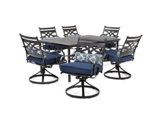 Montclair 7-Piece Dining Set in Navy Blue with 6 Swivel Rockers and a 40" x 67" Dining Table
