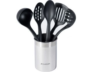 6-Piece Utensil and Holder Set - Slotted Spoon, Ladle, Spoon, Spatula, Pasta Server and Holder