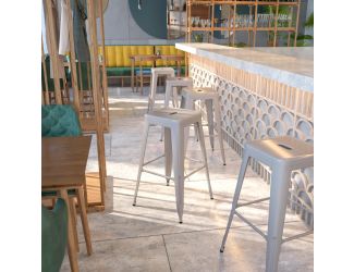 Commercial Grade 30"H Backless Silver Metal Indoor-Outdoor Barstool, Square