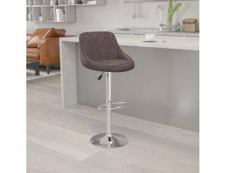 Brown Vinyl Bucket Seat Adjustable Height Barstool with Diamond Pattern Back