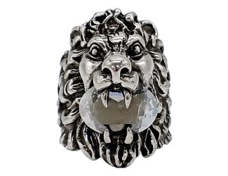 Gucci Lion Head Motif Silver Ring Crystal Size 10