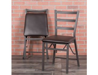 Brown Folding Ladder Back Metal Chair with Brown Vinyl Seat