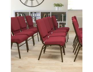 18.5"W Church Chair in Burgundy Fabric with Book Rack - Gold Vein Frame