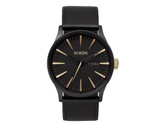 Mens Sentry Leather Gold & Matte Black Watch Black Dial