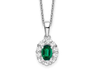14K White Gold Lab Grown Diamond & Created Oval Emerald Pendant Necklace