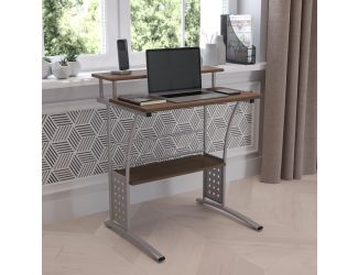 Rustic Walnut Computer Desk with Top and Lower Storage Shelves