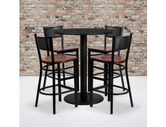 36" Round Black Laminate Table Set with 4 Metal Barstools - Cherry Wood Seat
