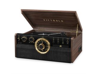6-in-1 Wood Bluetooth Mid Century Record Player with 3-Speed Turntable, CD, Cassette Player-Espresso