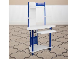 Blue Corner Computer Desk with Integrated Hutch and Pull-Out Keyboard Platform