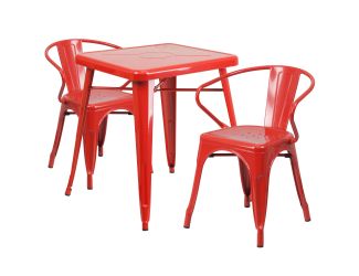23.75" Square Red Metal Indoor-Outdoor Table Set with 2 Arm Chairs