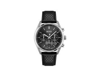 Mens Champion Silver & Black Leather Strap Watch Black Dial