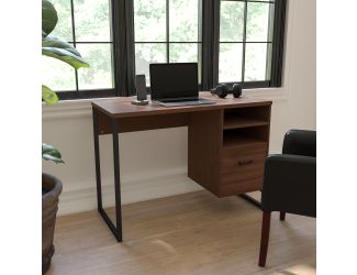 Rustic Coffee Wood Grain Finish Computer Desk with Black Metal Frame