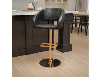 Black Vinyl Adjustable Height Barstool with Rounded Mid-Back and Gold Base