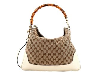 Gucci Diana Bamboo GG Canvas Medium Shoulder Bag White Leather