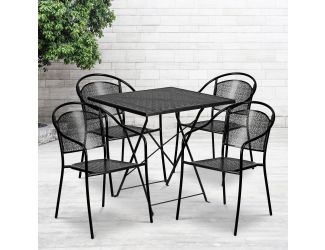 28" Square Black Indoor-Outdoor Steel Folding Patio Table Set with 4 Chairs