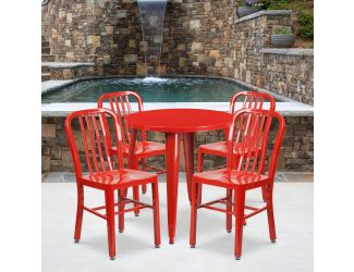 30" Round Red Metal Indoor-Outdoor Table Set with 4 Vertical Slat Back Chairs