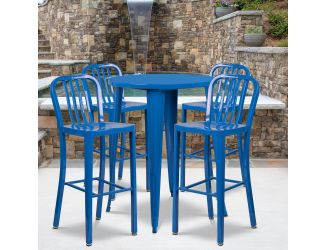 30" Round Blue Metal Indoor-Outdoor Bar Table Set with 4 Slat Back Stools