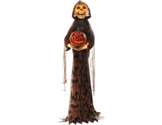 Skeleton Greeter with Light-Up Pumpkin and 8 Lighting Effects with Timer for Scary Halloween Decorat