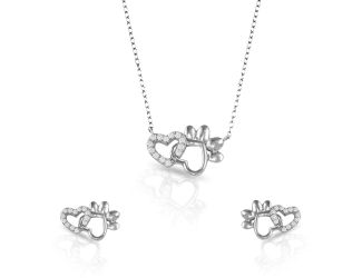 PARIKHS Rhodium Plated Paw Heart CZ Necklace-Earring Set in 925 Sterling Silver