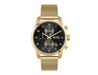 Mens Skymaster Gold-Tone Stainless Steel Mesh Watch Black Dial