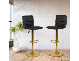 2PK Black Vinyl Adjustable Height Barstool w/ Horizontal Stitch Back & Gold Base