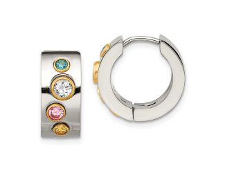 Stainless Steel Polished Yellow IP Multicolor CZ 7mm Hinged Hoop Earrings