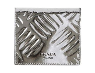 Prada Spazzolato Foldover Card Wallet Metallic Silver Embossed Leather