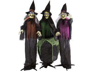 Animatronic 3 Witches with Cauldron, Indoor/Covered Outdoor Halloween Decoration with Light-up Eyes