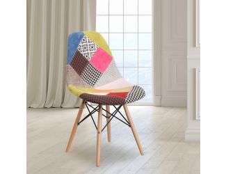 Upholstered Patchwork Fabric Accent Side Chair with Wooden Legs