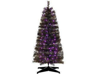 4-Ft. Spooky Black Tinsel Tree with Purple LED Lights, Plug-In