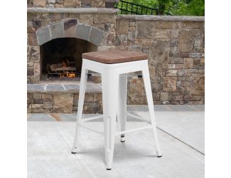 24" High Backless White Metal Counter Height Stool with Square Wood Seat