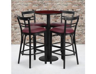 24" Round Mahogany Laminate Table w/ Round Base & 4 Ladder Back Metal Barstools