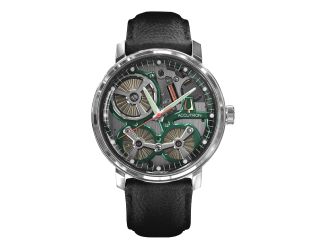 Men's Spaceview Blk Leather Strap Watch Green Dial