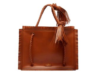 Valentino Garavani The Rope Large Fringe Brown Leather Tote Bag