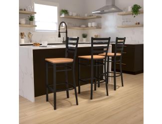 Black Ladder Back Metal Restaurant Barstool - Natural Wood Seat