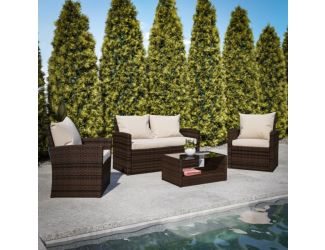4 PC Brown Patio Set with Beige Back Pillows & Seat Cushions - Outdoor Seating