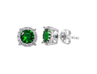 PARIKHS Rhodium Plated Halo Studs with Green CZ Stone in 925 Sterling Silver