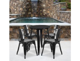24" Round Black Metal Indoor-Outdoor Table Set with 4 Arm Chairs